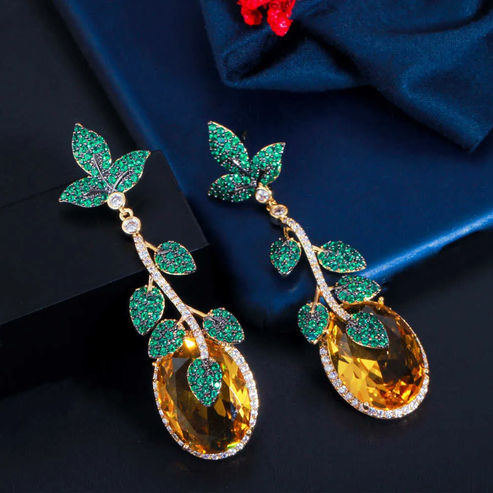 CWWZircons Super Luxury Green Cubic Zirconia Leaf Drop Big Yellow CZ Crystal Earrings for Women Unique Geometric Jewelry CZ811 2101428101