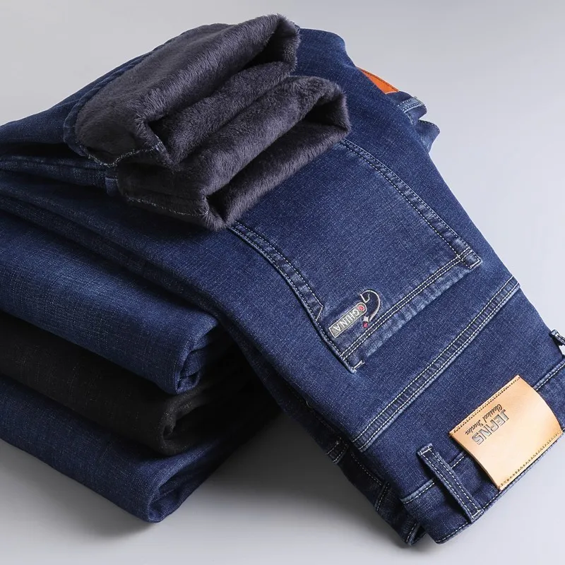 Inverno Morno Blue Black Black Calças de Jeans Clássico Estiramento Slim Fit Calças Espessas Moda Calças Macho Marca 220311