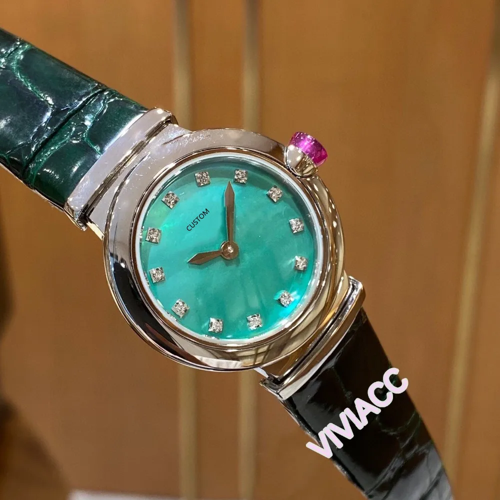 Orologio da donna classico con diamanti quadrati cz, quadrante bianco, quadrante nero, pelle verde naturale, orologi conchiglia in madreperla 28 mm