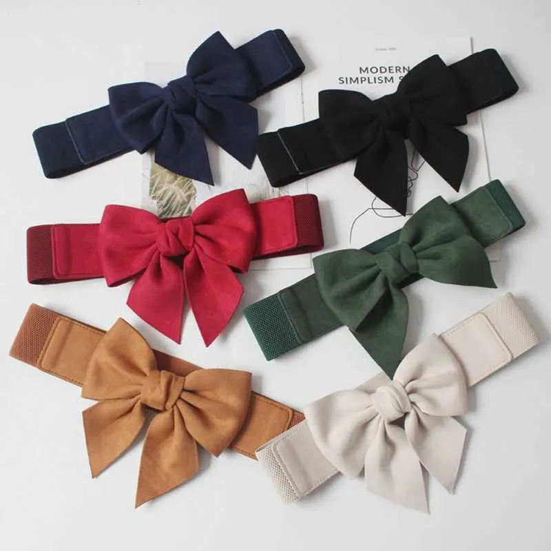 Womens Elastic Belts Wide Belt for Dress Women Navy Blue Red Black Suede Belt with Big Bow G1026