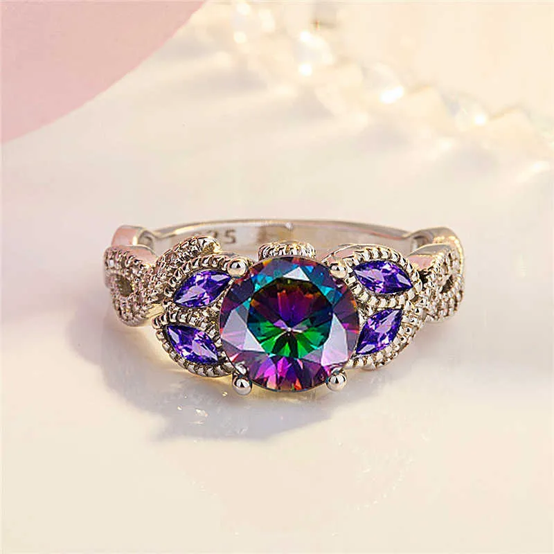 Damesringen Crystal Creative Ring Kleurrijke Steen Ronde Zirkoon Verzilverd Purple Diamond Paard Eye Lady Cluster Styles Band