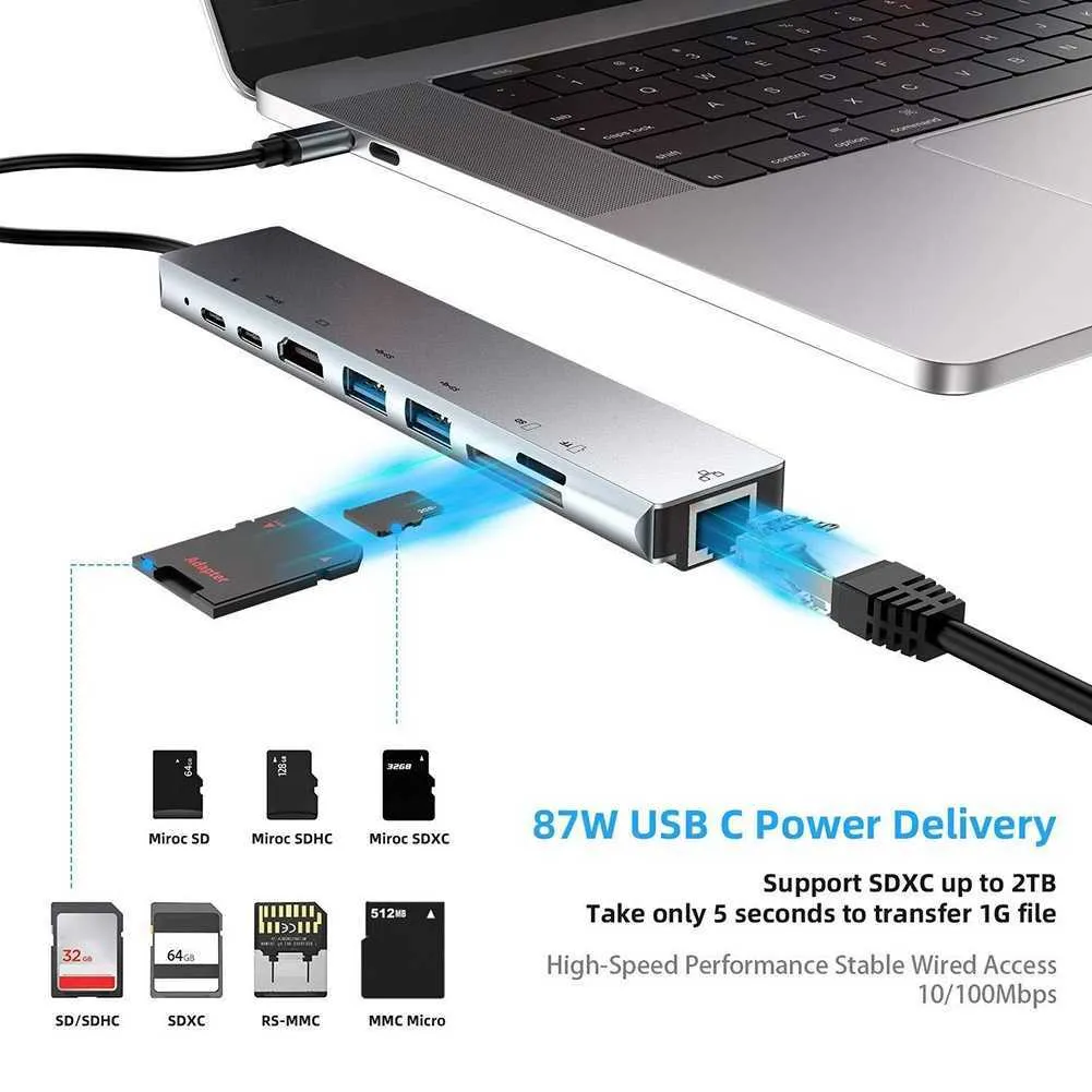 Docking station USB 8 in 1 Docking station da tipo C a 4K RJ45 Adattatore hub caricabatterie USB 3.0 TF PD Dock station caricabatterie rapido