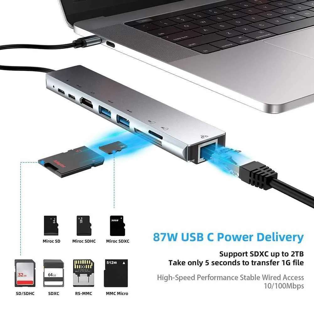 USBドッキングステーション8インチタイプC〜4K RJ45ドッキングステーションUSB 3.0 TF PD CHARGER HUB ADAPTER FAST CHARGER DOCK STATION