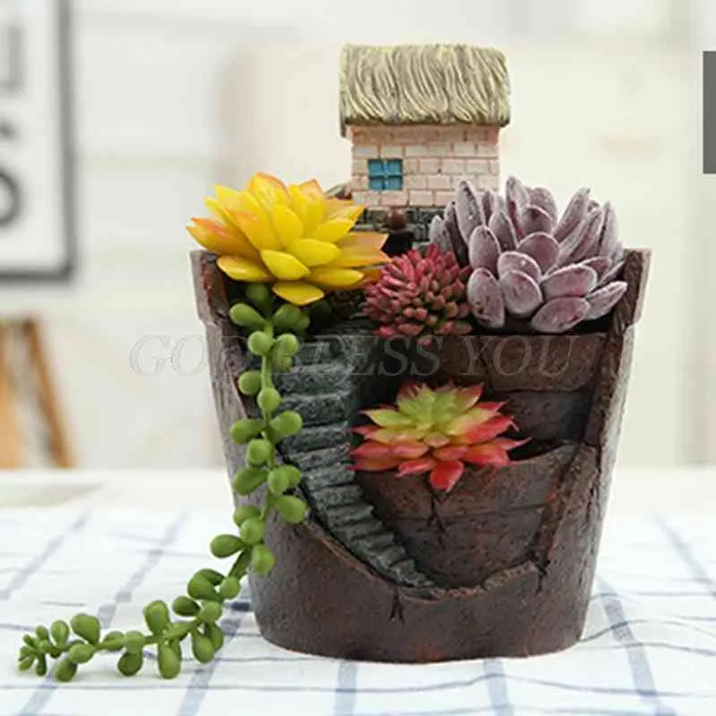 Mini House Figurine Vaso da fiori in resina cactus alle erbe Piante grasse Fioriera Drop Shipping 210401