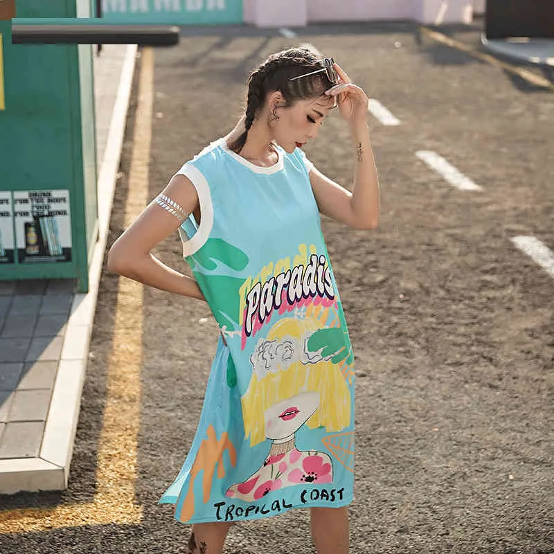 Sommer Frauen Ärmellose Weste Kleider Kontrastfarbe Persönlichkeit Kleid Halfter Alien Graffiti Plus Größe Frau GD382 210506