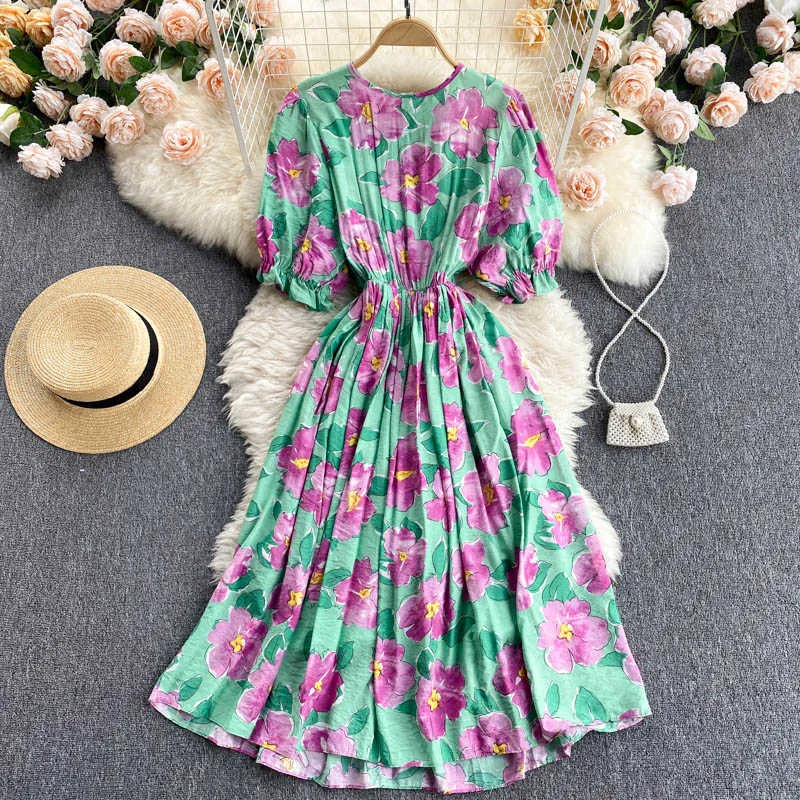 Frauen Schwarz/Blau/Grün Floral Gedruckt Midi Kleid Böhmischen Elegante Rundhals Kurze Puff Sleeve Urlaub Strand Vestidos sommer Y0603