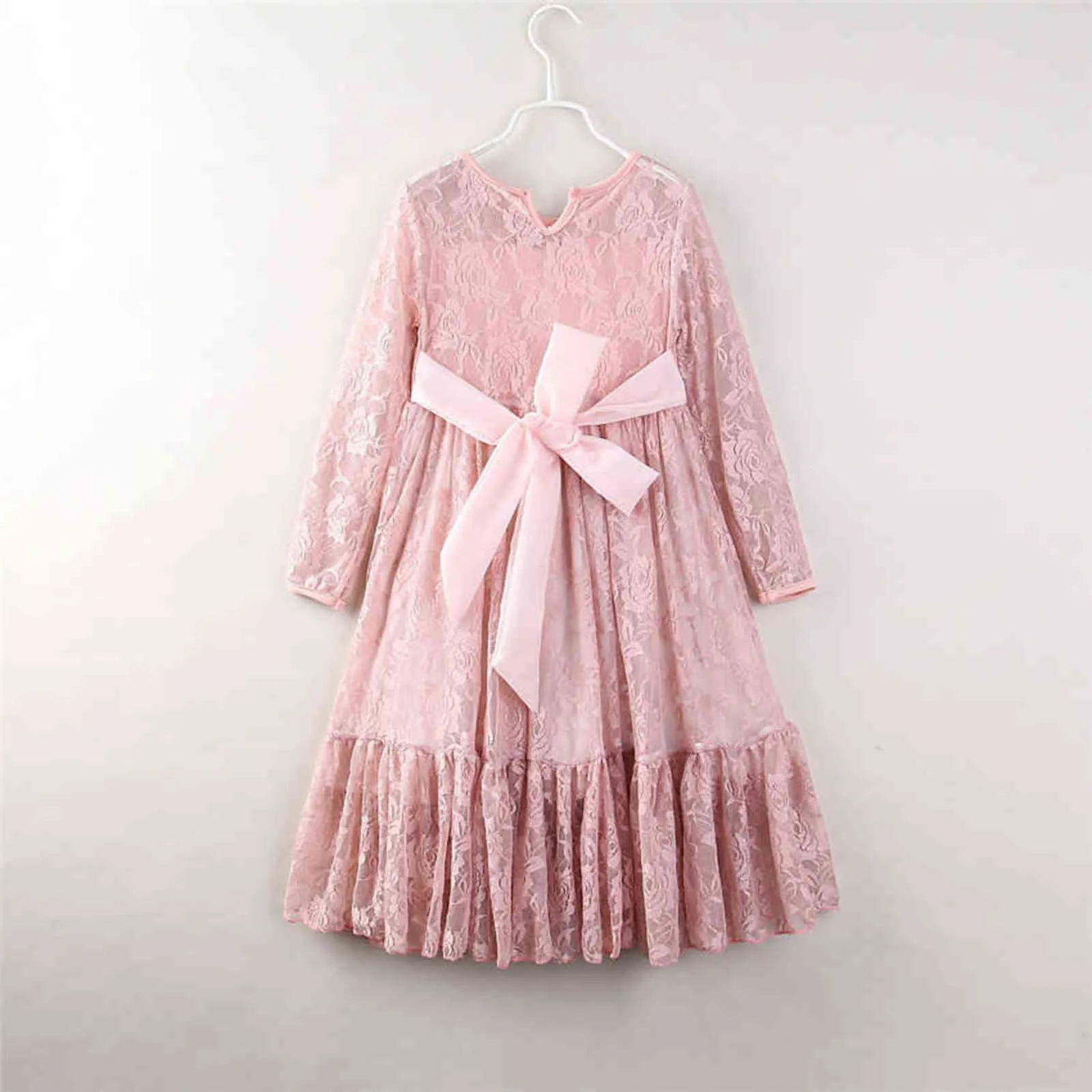 Crianças primavera vestidos de manga comprida para meninas rosa laço o-pescoço menina festa curva princesa vestido criança crianças adolescentes roupas g1129
