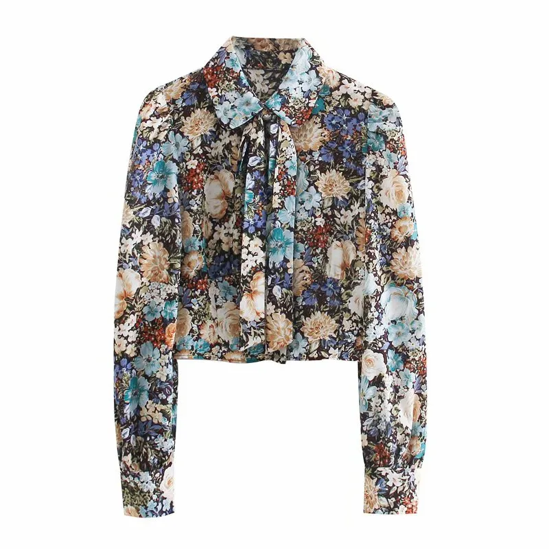 VUWWYV Primavera Moda Stampa floreale Crop Camicie le donne Camicette Vintage Bow Bejeweled Button Up Camicia a maniche lunghe Top 210430