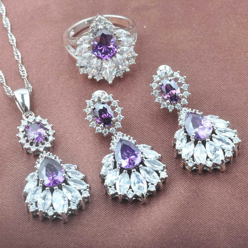 AAA Quality Purple Crystal Wedding Set di gioielli color argento da donna Collana Orecchini pendenti Anello Regali di compleannoTZ0479 H1022