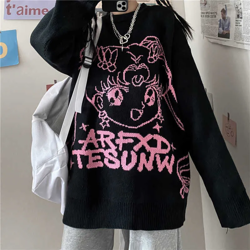 Neue koreanische süße Cartoon gestrickte Pullover Winter Y2K Harajuku japanische Anime Casual Punk Stil Frauen lose Ulzzang Kawaii Y0907