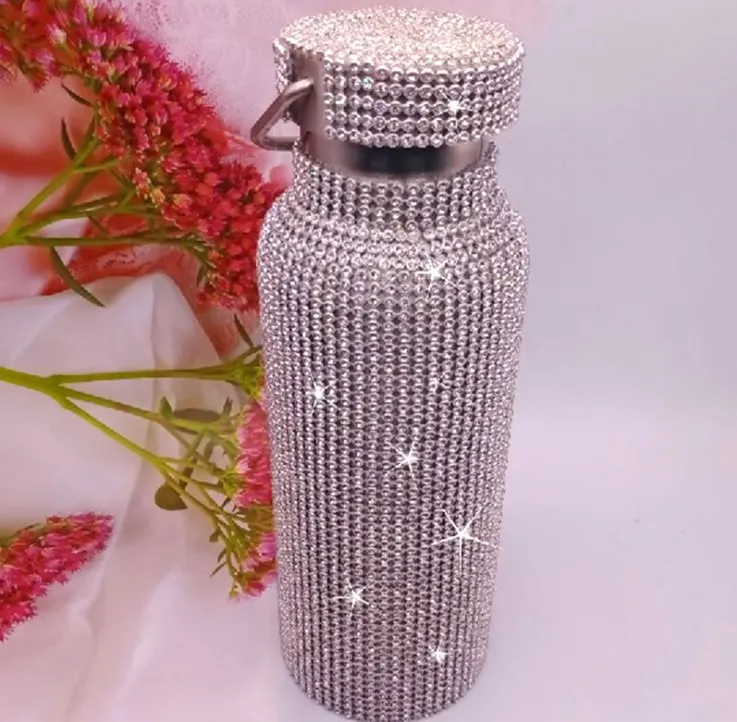 Sparkling av high-end isolerad flaska bling rhinestone rostfritt stål termadiamant termo silver vatten med lid205r