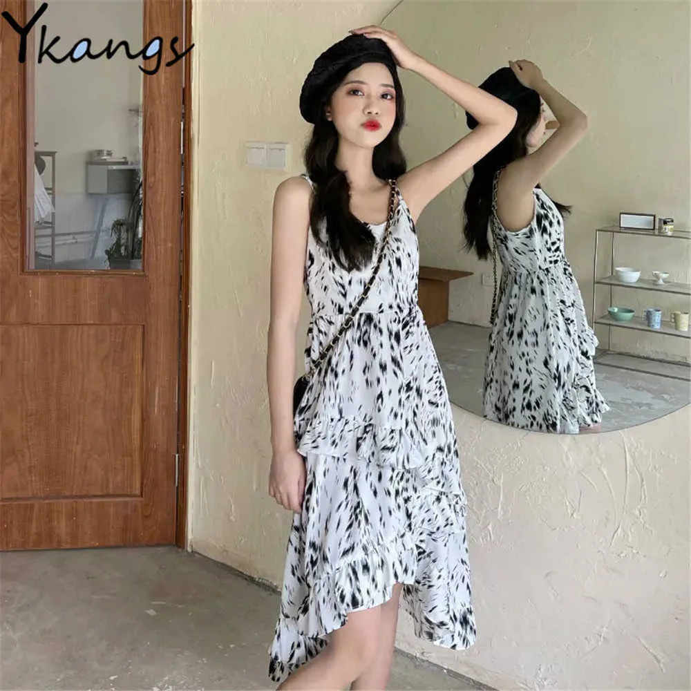 Unregelmäßige Gothic Rüschen Ärmelloses Kleid Frauen Koreanische Mode Floral Sommer Mid-Kalb Weibliche Lange Kleider Elegante Dame Beachwear 210619