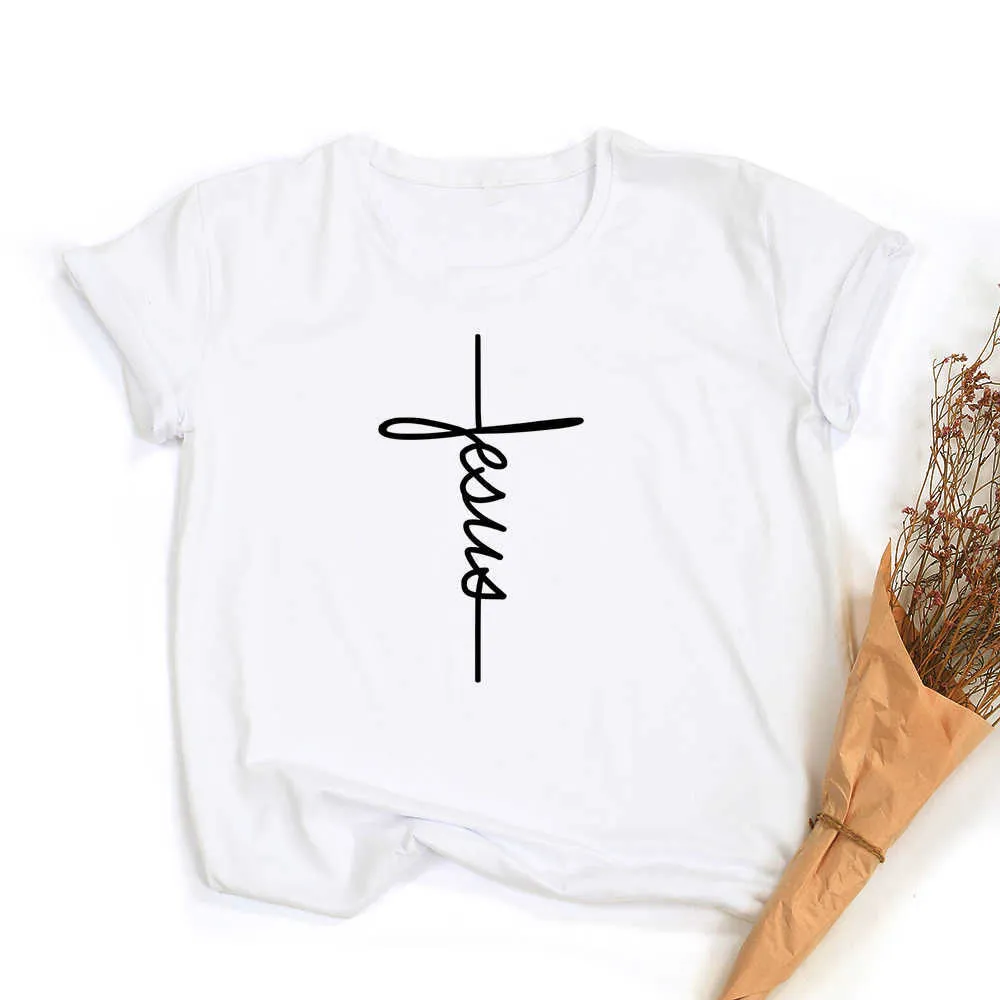 Jésus Croix Imprimer Femmes T-shirt Christian Tops Harajuku Faith Love Hope Graphic Tees Femme T-shirts Casual Tees Camisetas Mujer X0628