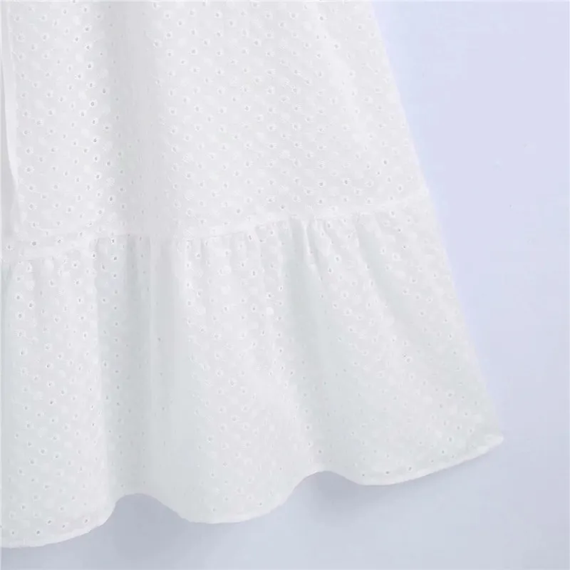 Mulheres vestido de verão mulheres cortadas bordados branco midi mulher elegante plissado manga slow casual es 210519