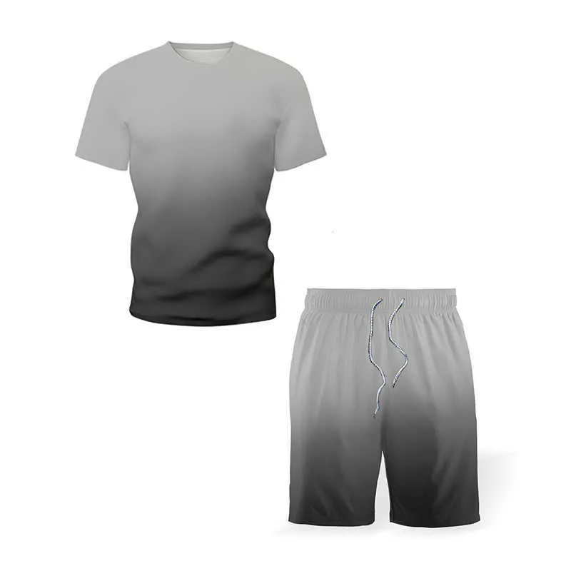 Sommar män sätter Patchwork Print T-shirt + Shorts Suit Set Casual Tracksuits Sets Streetwear Camisa Masculina 210714