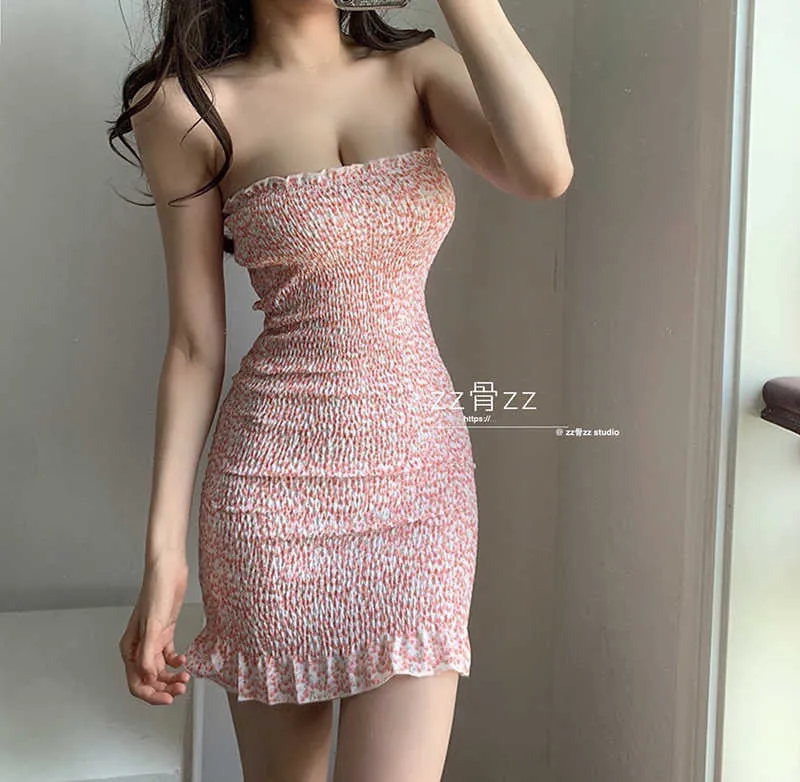 WOMENGAGA Pink Y2k Summer Korean Sexy Sweet Ruffle Pleated Buttock Mini Tank Party Dress Tops Dresses Vintage C7CS 210603