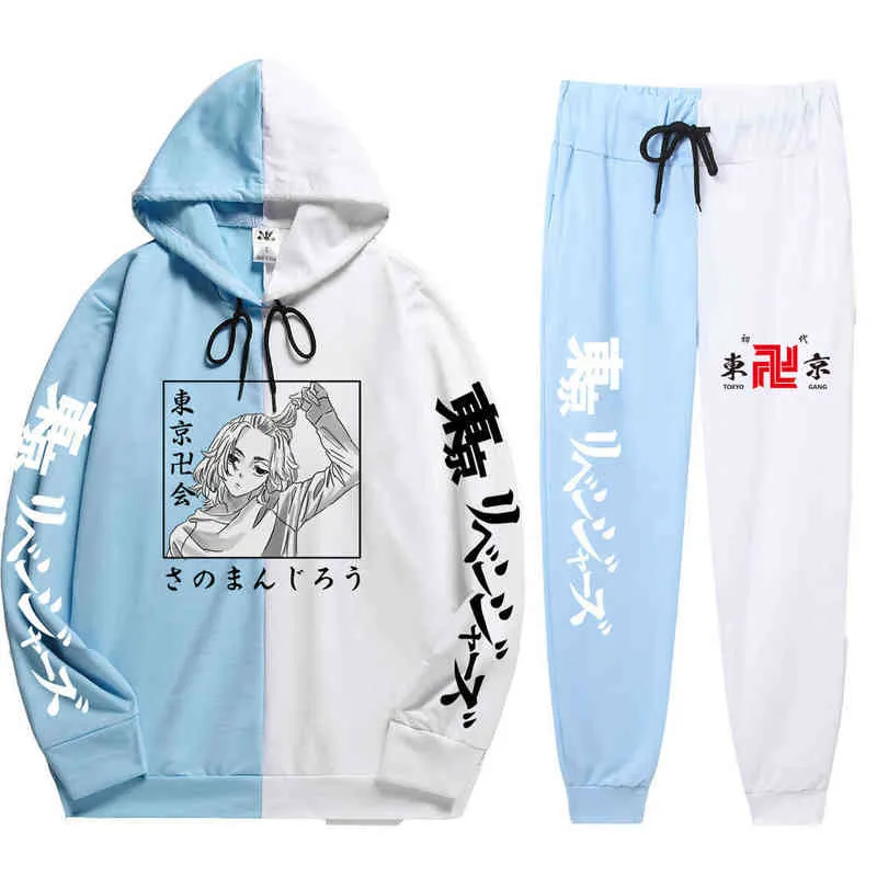 Mode sommar 2 stycken sätter anime tokyo revengers utskrift hoodies sätter lös enkelhet patchwork tunn hoodie + patchwork byxor g1217