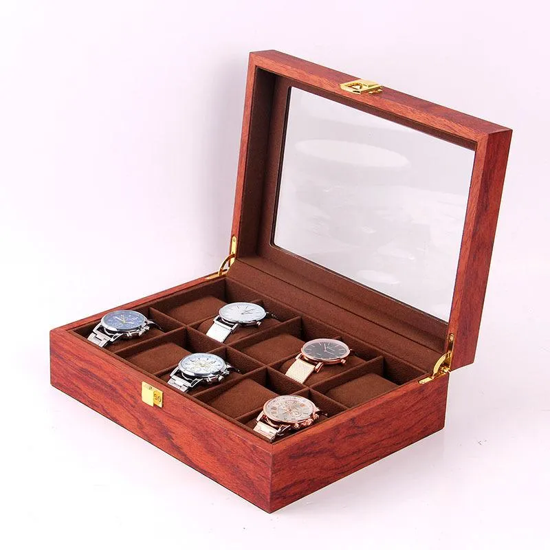 Cajas de relojes Cajas Caja de madera de lujo Soporte de caja Soporte Ataúd Exhibición Organizador de almacenamiento 12 asientos Cerradura de hebilla cuadrada Presente Cabin263i