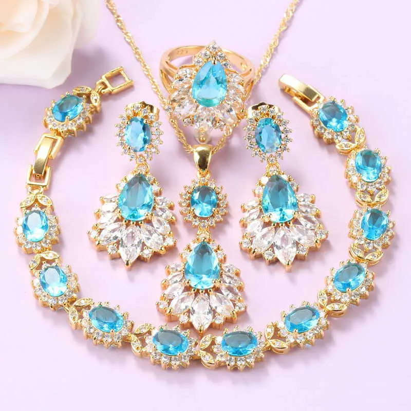 تركيا المجوهرات الكبيرة مجموعات ذهبية اللون السماء الزرقاء زركون أزياء المرأة اكسسوارات الزفاف حزب هدية H1022