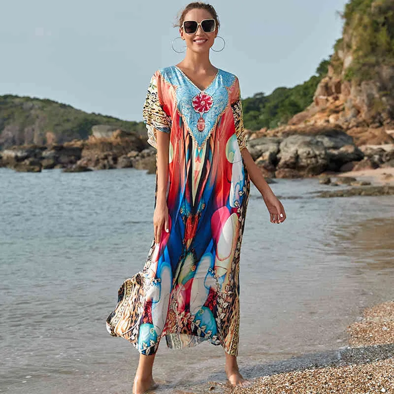 Poliester Long Beach Cover Up Robe De Plage Swimsuit Tunika Kąpielowy garnitur S Kaftan Swim Pokrywa Q1187 210420