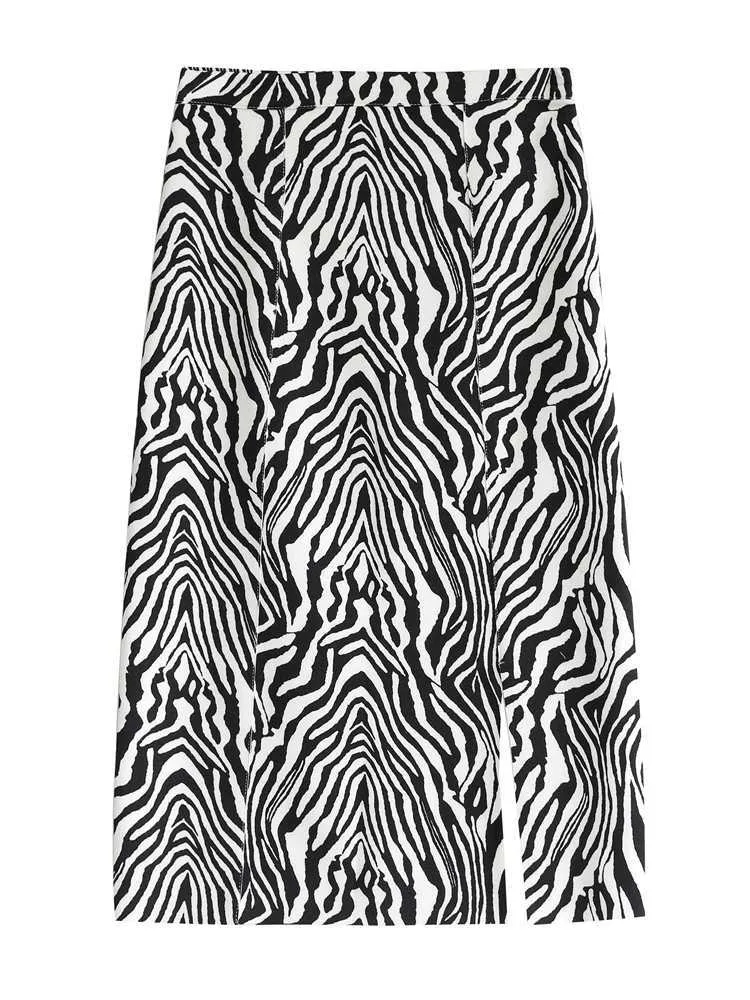 WERUERUYU Femmes Zebra Imprimer Jupe tricotée Coupe droite Taille élastique Dos Split Longueur Midi Vintage Dames Tenues 210730