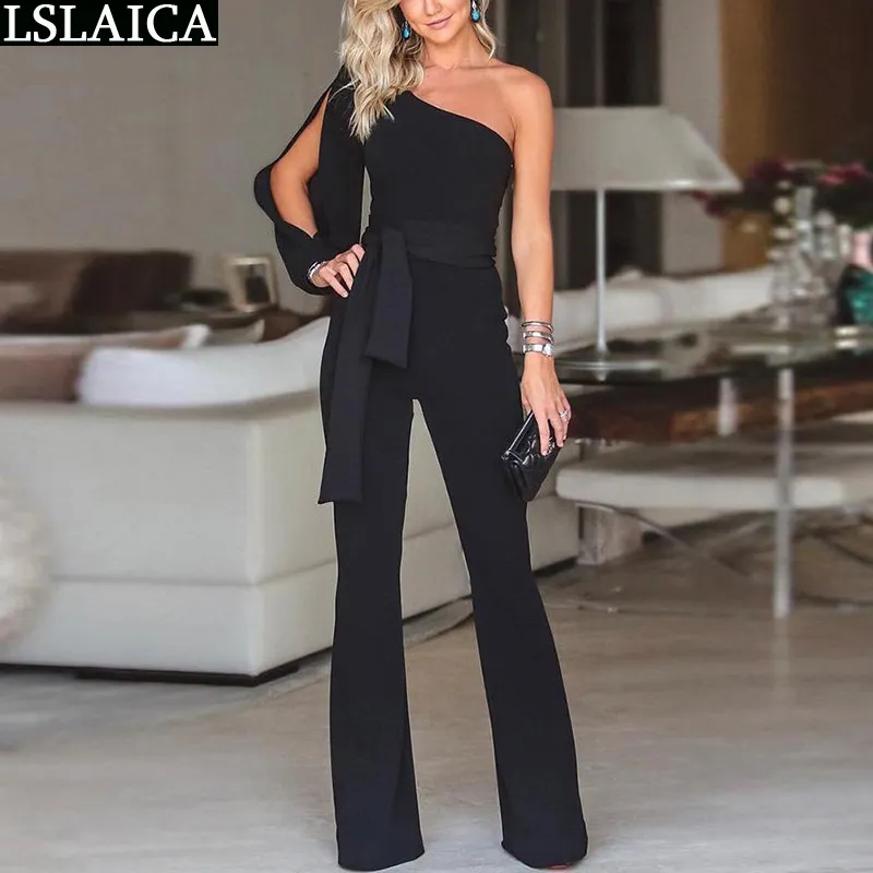 JUMPSUIT WOMAN Long Sleeve One Shoulder Hollow Out High Waist Summer Woman Jumpsuit Solid Color Party Club Romper Lady 210515