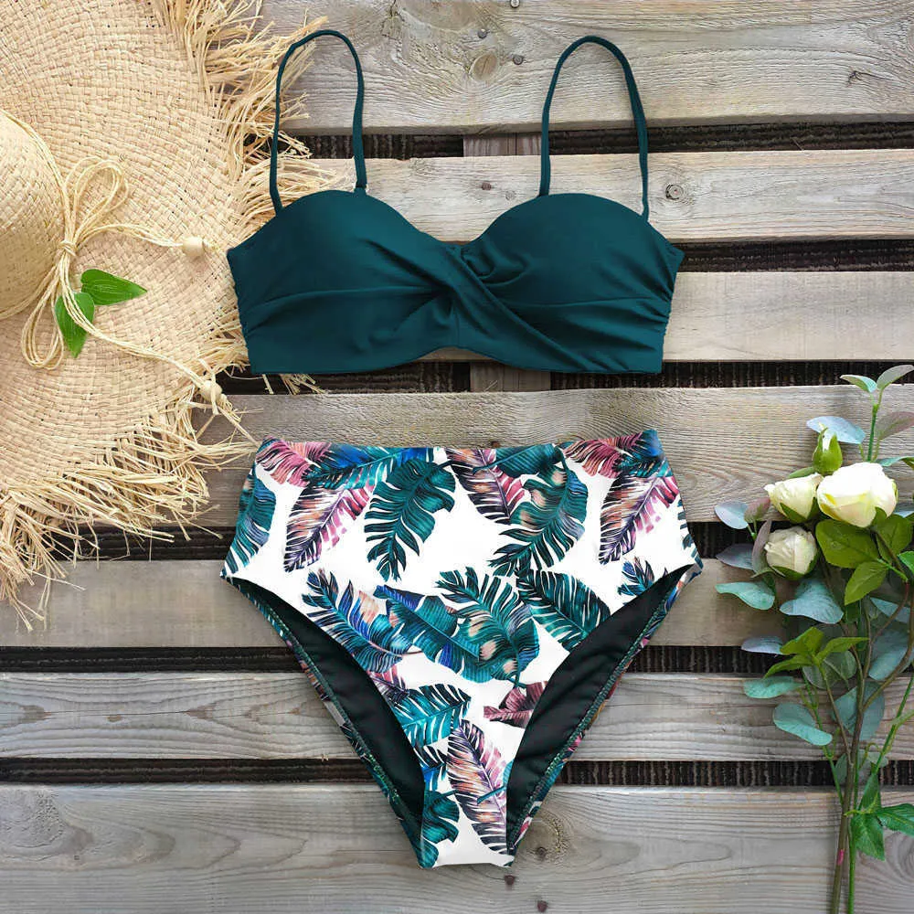 Sexy Leaf Print Bikini Женский Купальник Женщины Купальники Стрингут Push Up Bikinis Установите высокие талии Купальники Купальники 210621