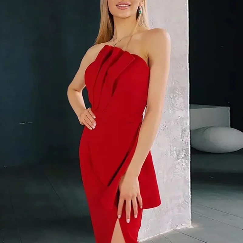 Vgh röd sexig klänning för kvinnor strapless ärmlös hög midja sashes slim sida split kväll fest klänningar kvinnlig sommar ny 210421