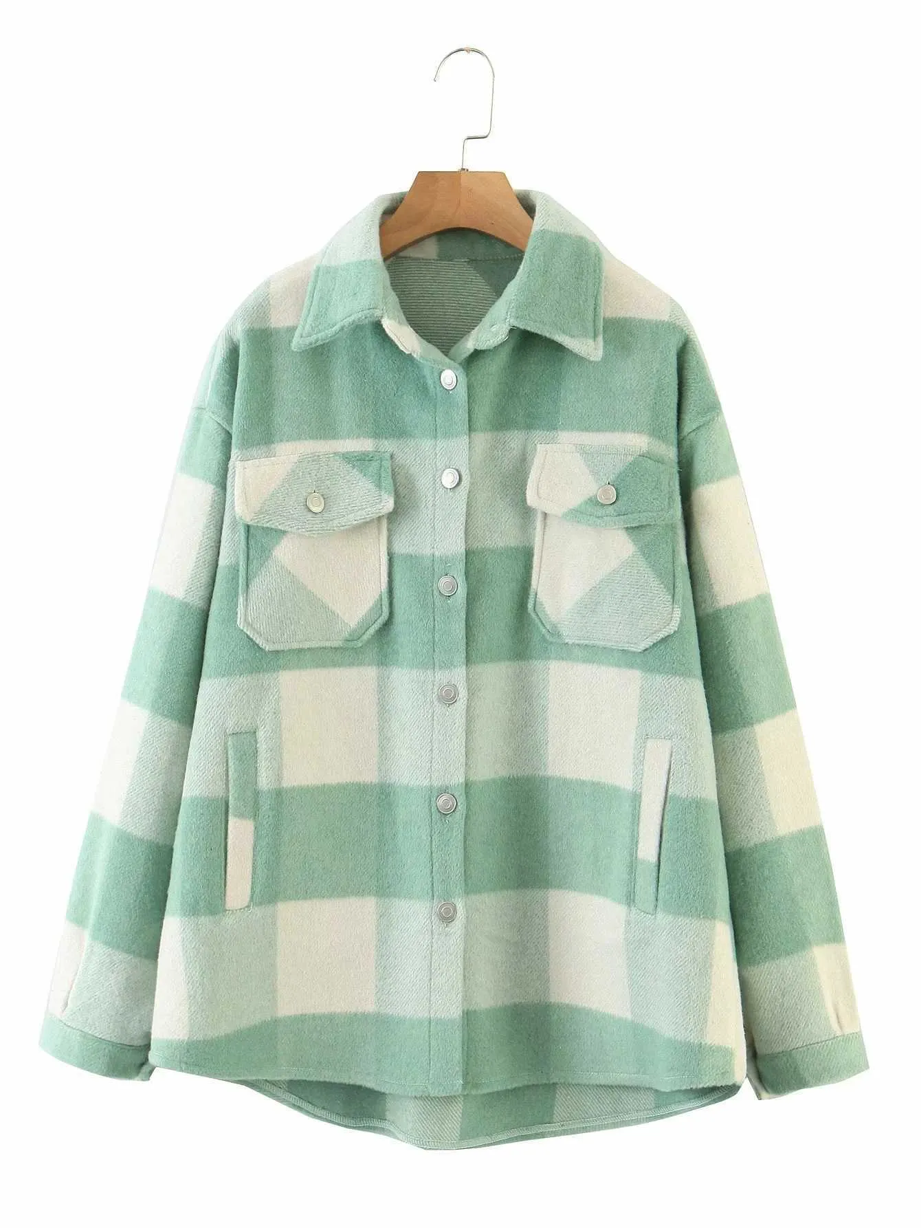 Casacos de camisa de treliça verde vintage casacos soltos casaco de xadrez inverno plus size casual casaco mulheres 211014