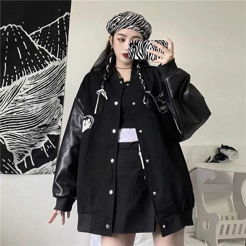 youth apparel women's Korean Harajuku style jacket oversized leather pure black 210922