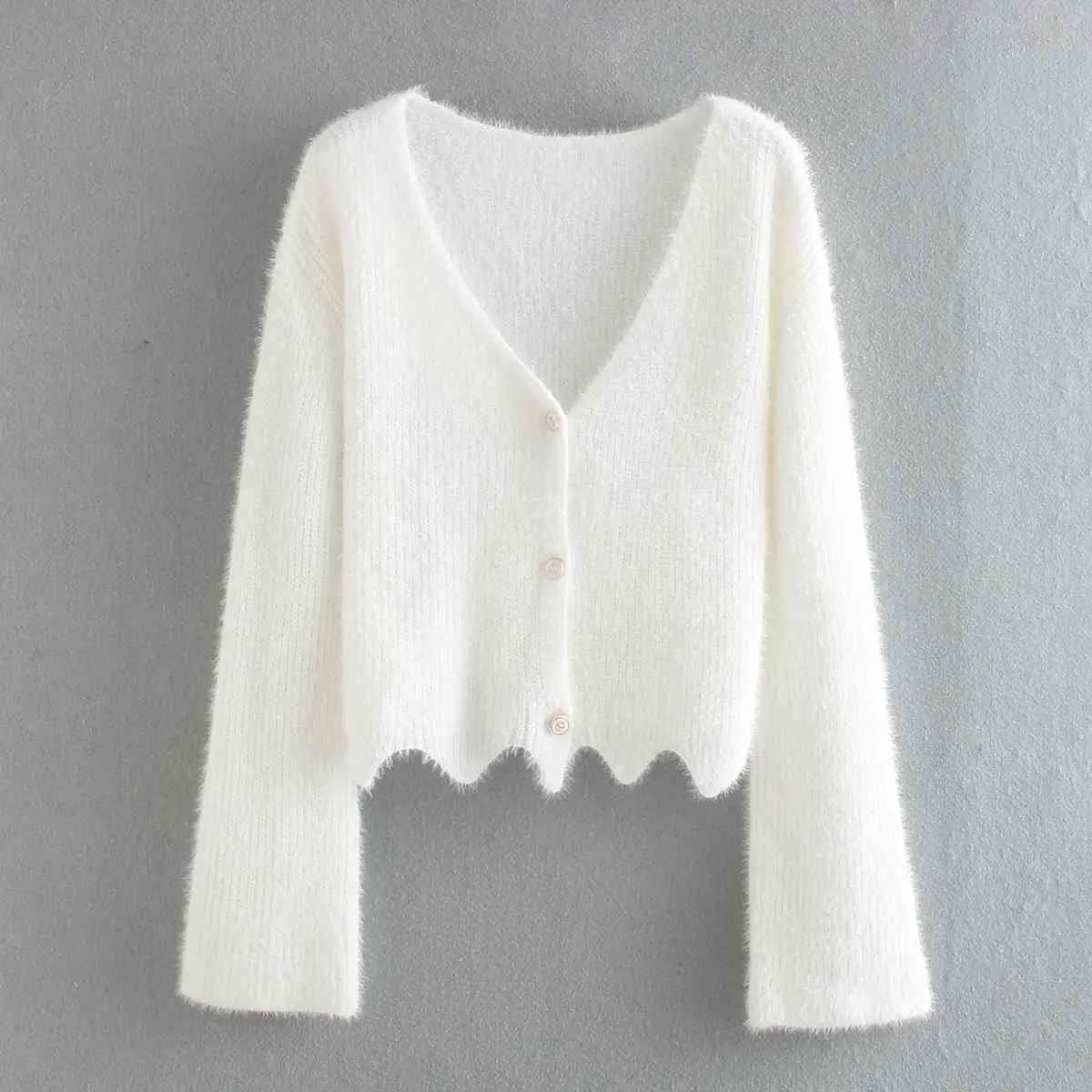 cardigan corto bianco soffice donna manica lunga autunno inverno bottone casual cardigan corto fuzzy top con scollo a V 210415