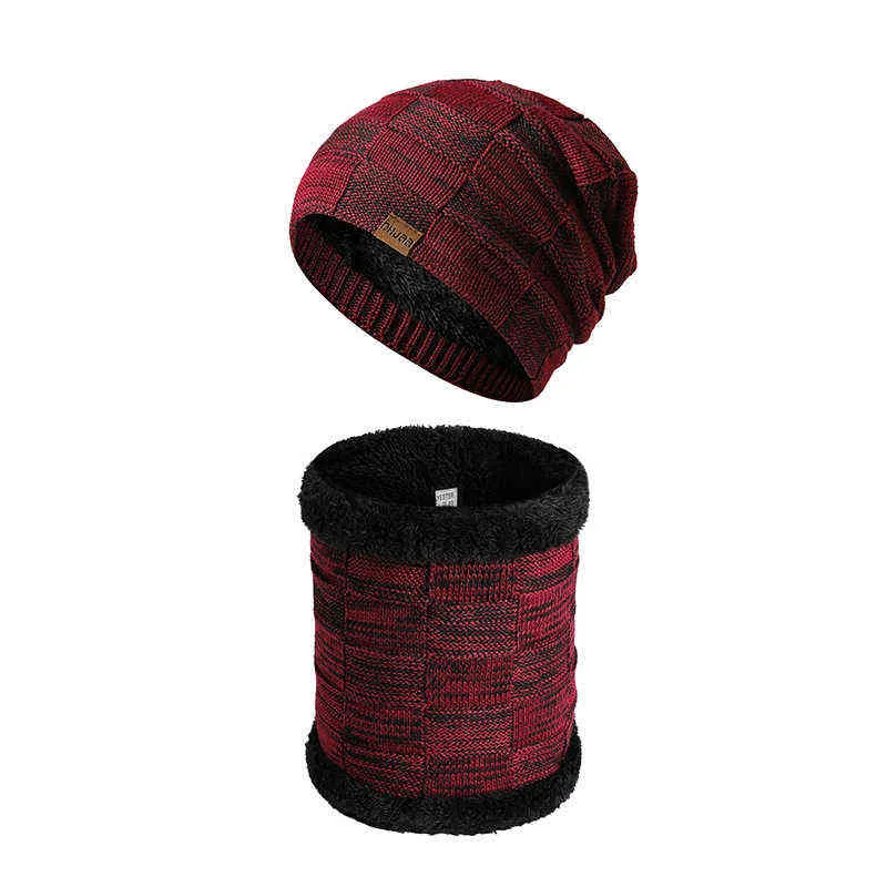 Мужские женские зимние шапки шапки шарф комплект теплые вязаные шляпы череп шапки теплый для мужчин Женщины с толстым флисом выстроились Y21111