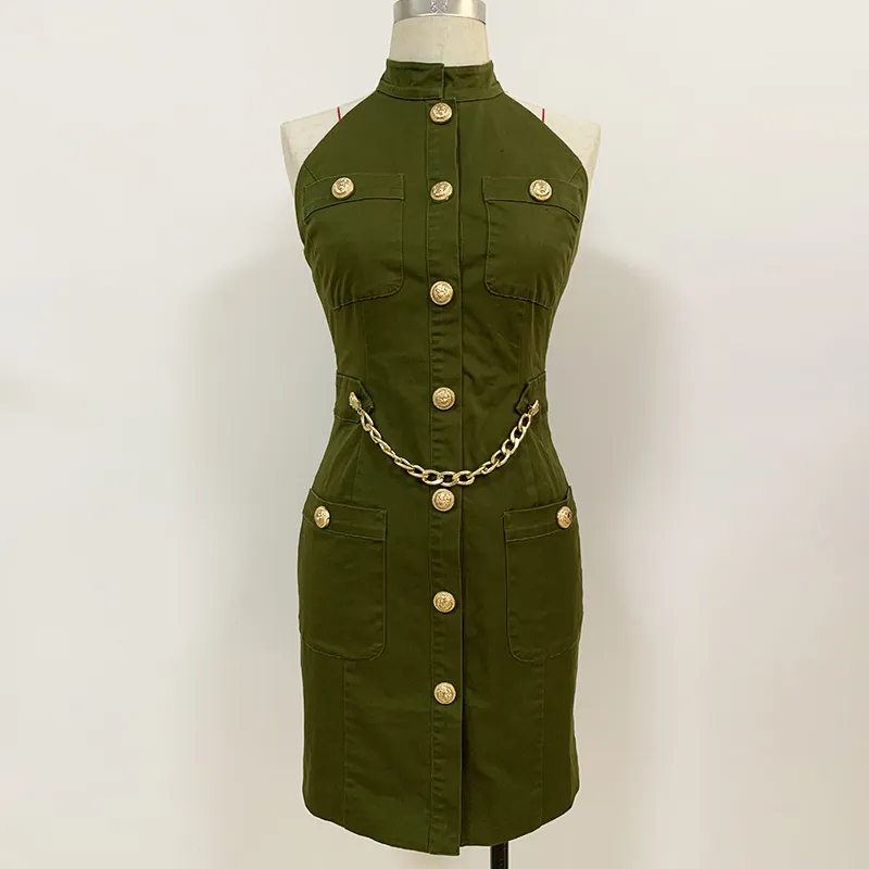 ALTA QUALITÀ est Fashion Designer Runway Dress Bottoni leone da donna Catena Halter senza schienale in cotone verde 210521