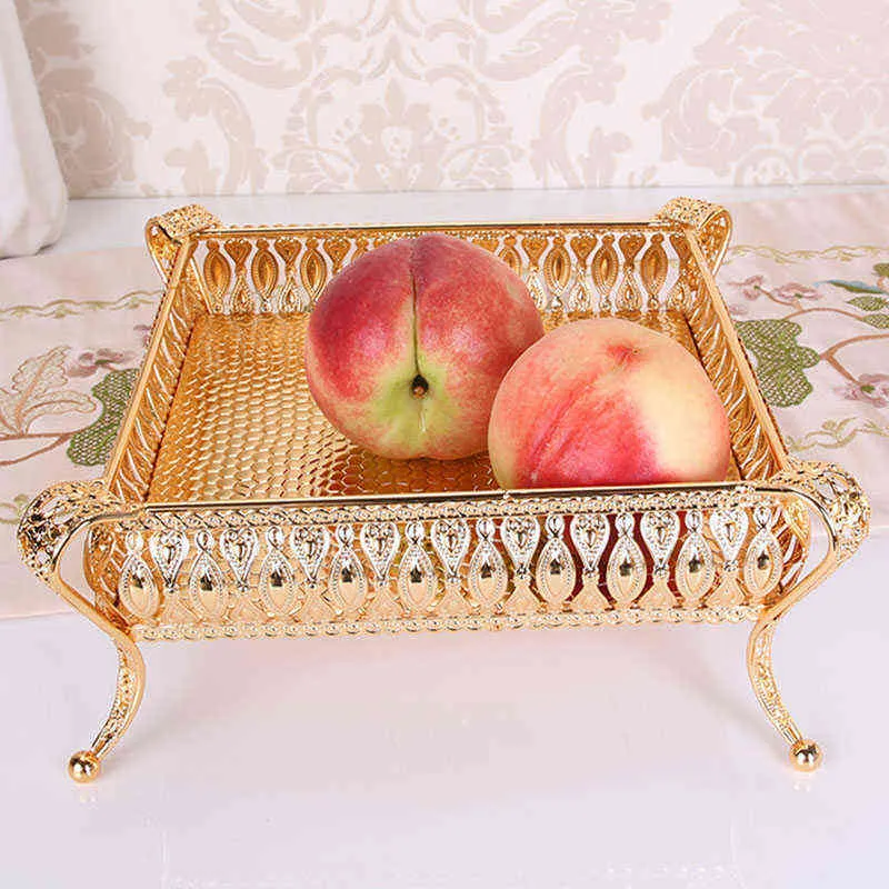 Home Getränke Tablett Kreative Vintage Obstteller Tisch Snack Eisen Aufbewahrungsbox Runde Quadrat Gold Korb Schreibtisch Dekoration 211102