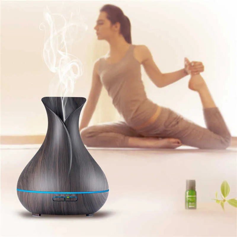 DEVISIB 400ml Diffusore di oli essenziali aromatici Grano del legno Umidificatore a nebbia fredda a i Luce a LED ufficio Casa Camera da letto 210724