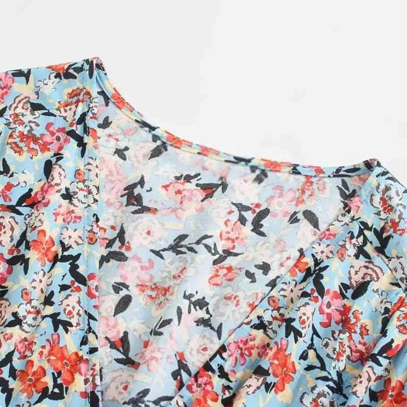 Sommar kvinnor blomma utskrift v nacke midi klänning kvinnlig spets splicing kortärmad kläder casual lady slim vestido d7729 210430