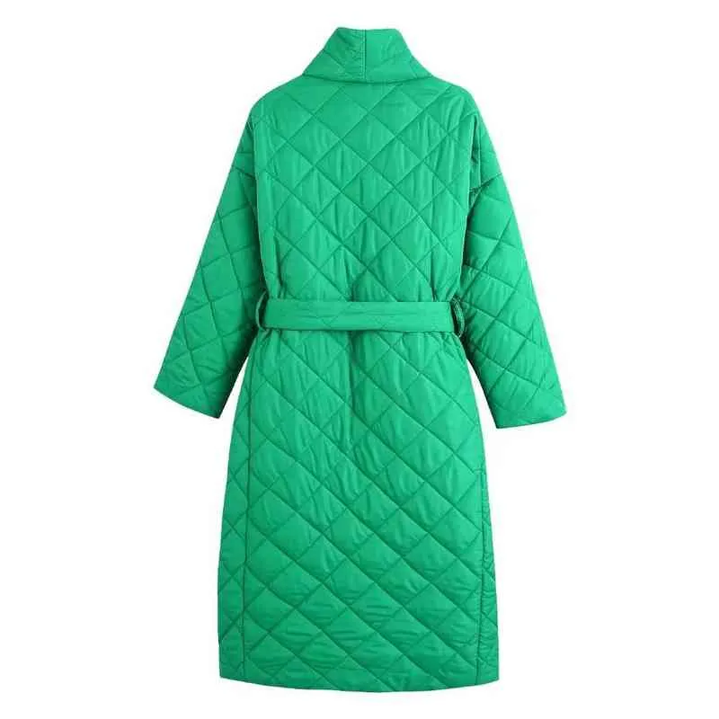 BlingBlingee Za Winter Women Traf Coats Warm Thick Argyle Quilted Padded Jacket Female Belted Loose Long Parkas Green 211215