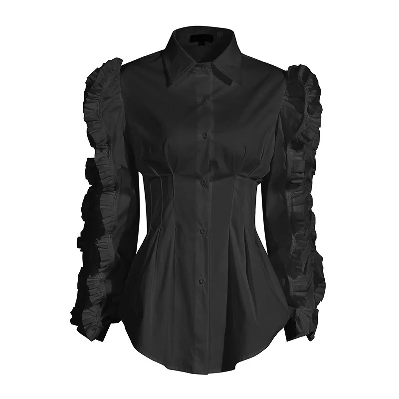 Alta Qualidade Negro Branco Rufles Manga Longa Camisa Mulher Retro Lapela Único-Breasted Blusa Causal Ruched Slim Tops Blousas 210429