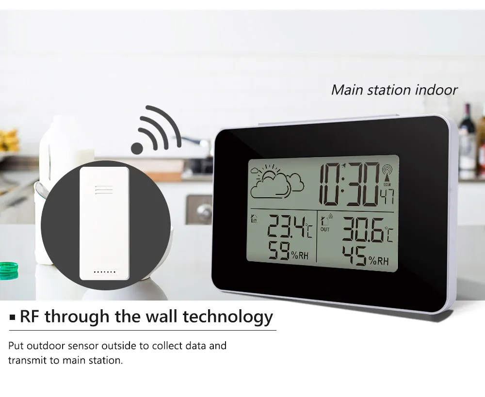 Cyfrowy budzik budzi stacja pogodowa czujnik bezprzewodowy termometr higrometr Watch LCD Time Desktop Table Table Pokaż wilgotność temperatury na zewnątrz