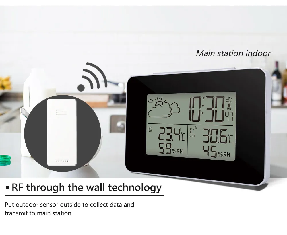 デジタル目覚まし時計気象ステーションワイヤレスセンサーハイグロメーター温度計ウォッチLCDデスクトップテーブルクロック屋内屋外温度湿度を表示