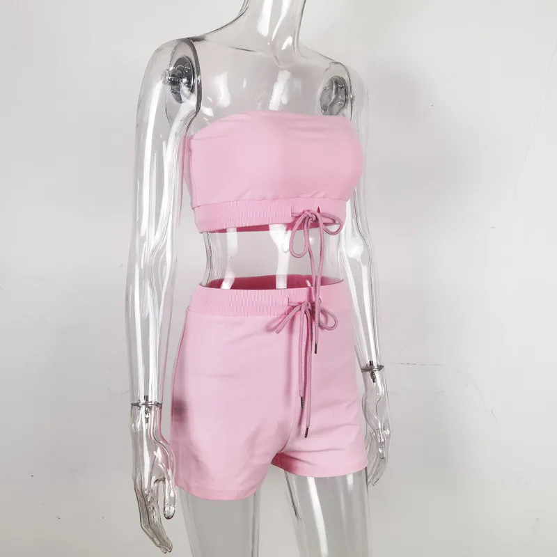 Isarose Zomer Sportsets voor Dames Hoodie Katoen Materiaal Strapless Crop Tops Bandage Shorts Fashion Beachwear 210422