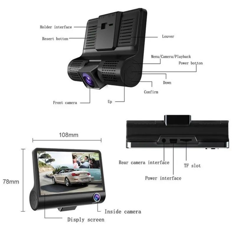 HDナイトカーDVRダッシュカム4.0インチビデオレコーダーオート3レンズの背面図カメラ登録器DASHCAM DVRS