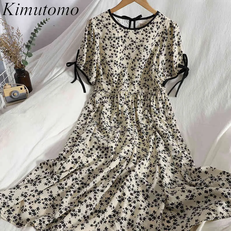 Kimutomo couleur contraste Floral robe femmes Vintage col rond à lacets à manches courtes mince coréen doux Vestidos élégant Femme 210521