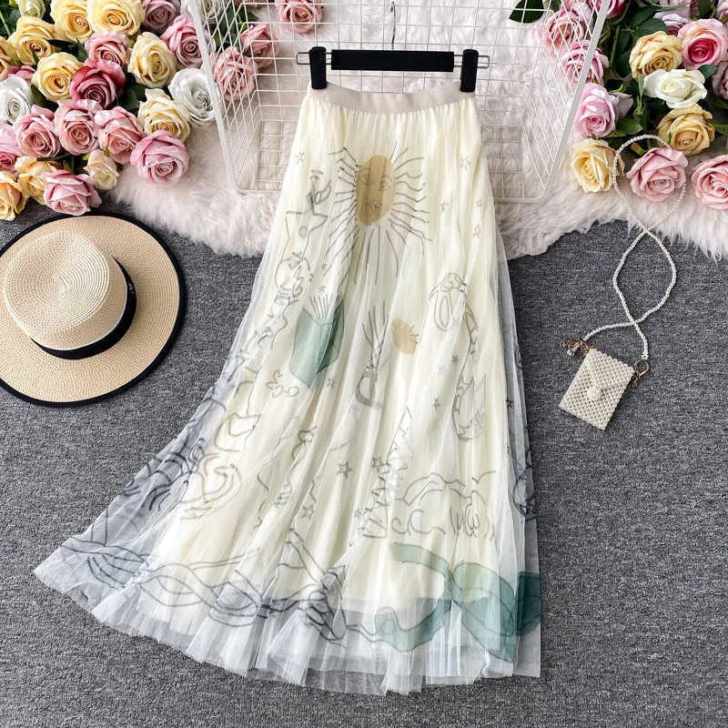 OCEANLOVE High Waist Skirts Women Print Mesh A-line All Match Mujer Faldas Korean Vintage Fashion Long Skirt Clothing 17449 210629