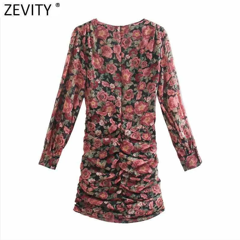 Zevity Women Vintage V Neck Floral Print Striped Pleated Mini Dress Female Pleat Puff Sleeve Casual Slim Vestido DS5030 210603