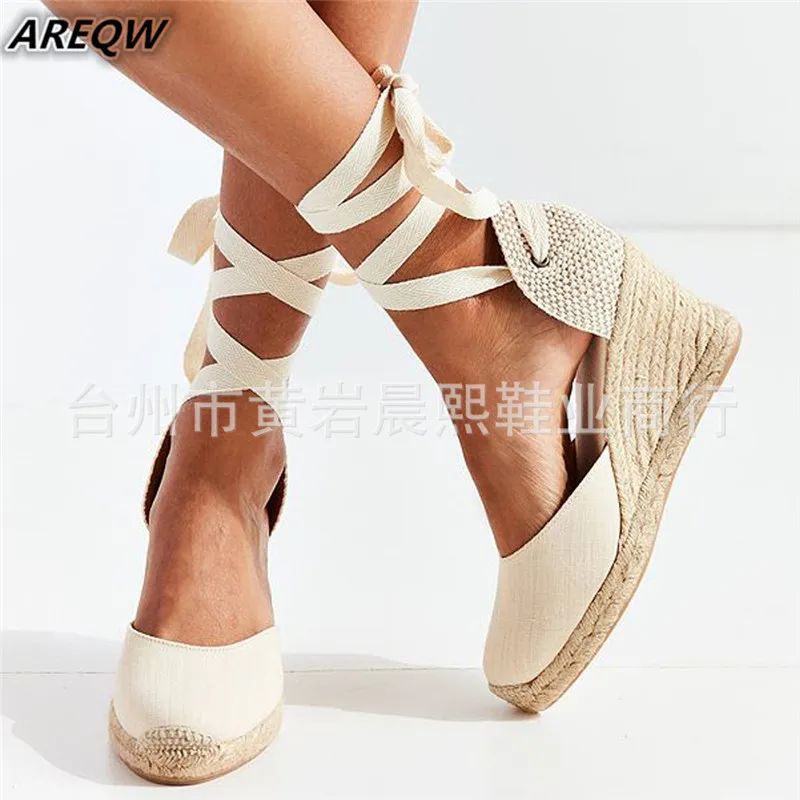 Espadrillas da donna Sandali con cinturino alla caviglia Pantofole comode Scarpe casual da donna da donna Décolleté in tela di canapa di lino traspirante K78