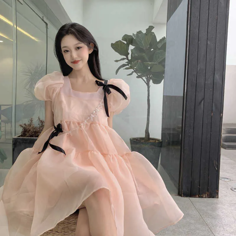 Prinzessin Puff Sleeve Quadratische Kragen Große Schwung Rosa Bug Mesh Kleid Frauen Sanfte Süße Sommer Chic Koreanische Art Lose Vestido 210610