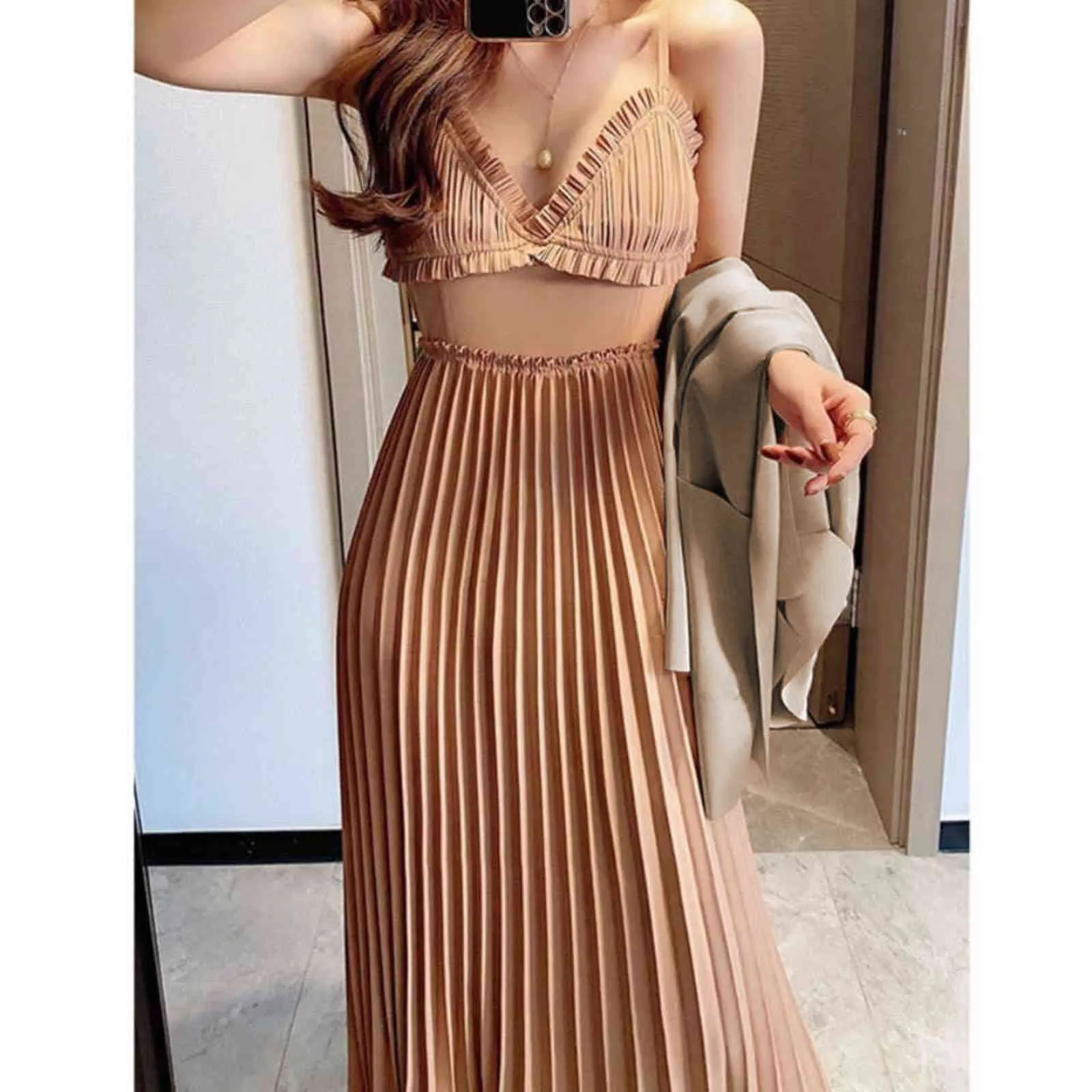 Women's two-piece suit long skirt church suit ladies blazer office dress elegant pleated skirt satin long-sleeved blazer women 211108