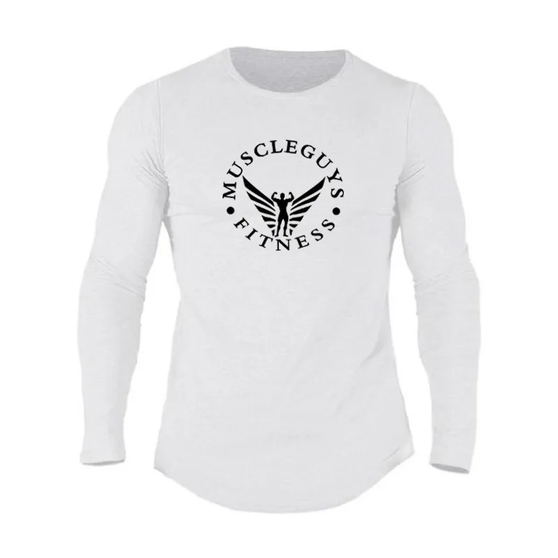 MuscleGuys Höst Långärmad T-shirt Män Varumärke Kläder Bomull Bekvämt Slim Fit T Shirt Male Top Fitness Stretch Tshirt 210421