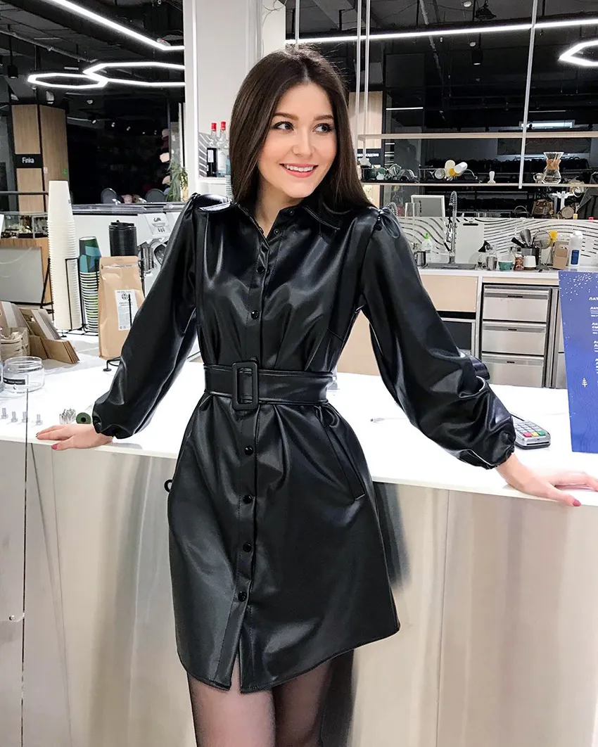 Leather Shirts Dress Casual Ladies Lapel Buttons Black PU Dresses With Belt Winter Autumn Long Sleeve Women Slim Fit Dress 210521